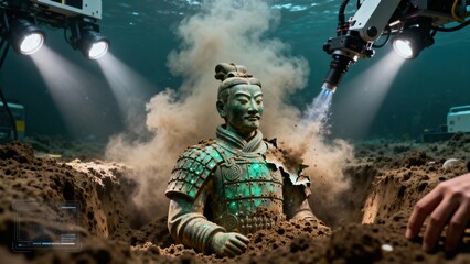 Naklejka premium Archaeologists Uncover Ancient Bronze Warrior Statue Underwater high resolution commercial stock image variation 18 siyam