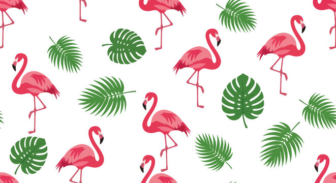 Tropical flamingo and monstera leaf seamless vector pattern for summer backgrounds
