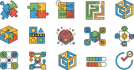 Fototapeta premium Problem Solving Flat Icons Set with Puzzle Logic Brain Strategy Flowchart and Solution Elements