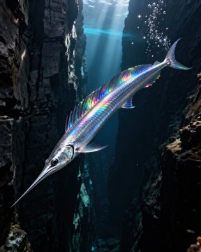 Giant Oarfish Swimming in Deep Sea Cave with Sunlight high resolution commercial stock image variation 41 siyam