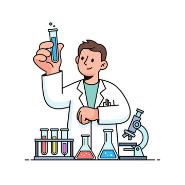 Scientist Holding Test Tube With Blue Liquid, Laboratory Equipment, Research Illustration