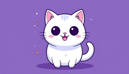 Fototapeta premium Cute Kawaii White Cat Illustration with Big Eyes and Sparkles.