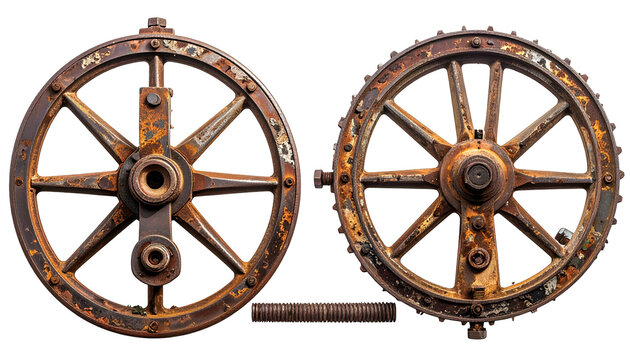 Two detailed, rusty, circular, aged metal wheels connected by a threaded rod, on black