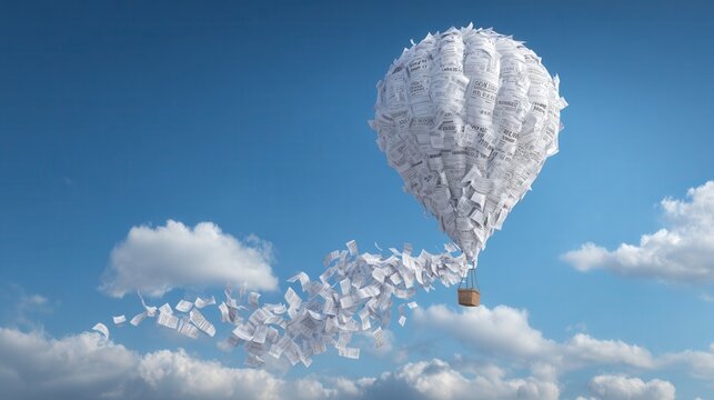 Cloud balloon drifting through blue sky, paper fragments trailing like flock, bright sunlight and fluffy clouds creating dreamy surreal atmosphere, sense of uplift and imaginative escape