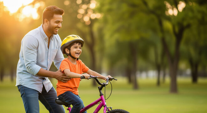 Smiling dad helps son ride bicycle in sunny park
