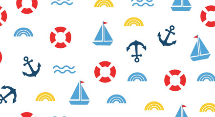 Nautical seamless vector pattern with anchors, sailboats, lifebuoys and waves in summer colors © azad