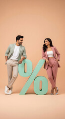 Naklejka premium Young Professionals Smiling, Leaning on Large Percentage Symbol