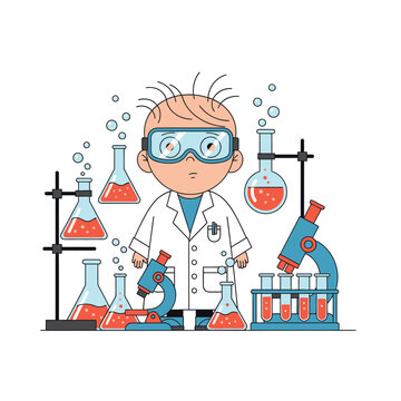 Young Scientist Boy in Lab Coat Surrounded by Chemistry Equipment and Bubbles
