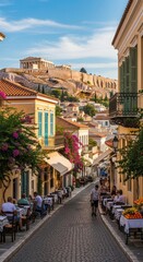 Fototapeta premium Picturesque Athens Street Scene with Acropolis in the Background.