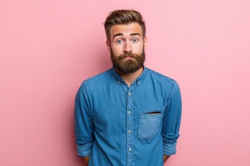 Obraz premium Chest-up portrait of a bearded man in blue casual wear, looking at the camera with an empty pocket on a pink studio backdrop