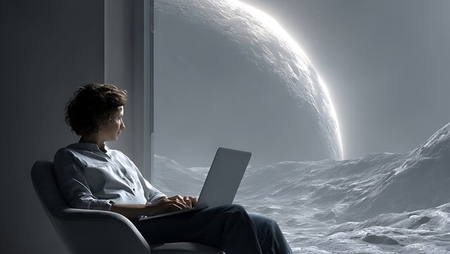 Futuristic Remote Work Concept with Man Using Laptop Overlooking Alien Planet