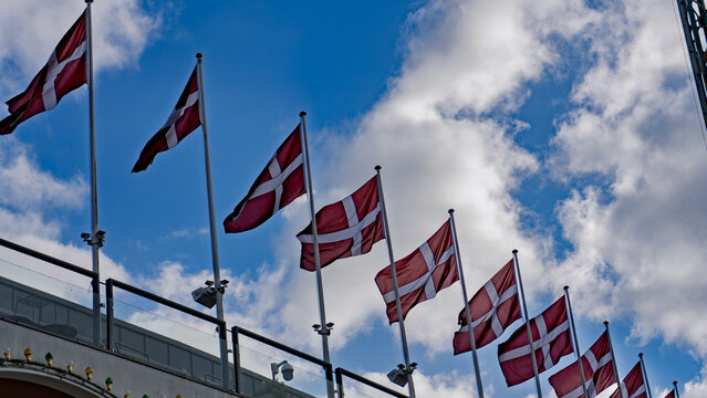 Row of Danish flags against blue sky