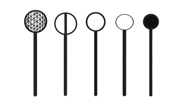 A white background hosts five black objects, each a vertical staff with a circular top. Shapes vary