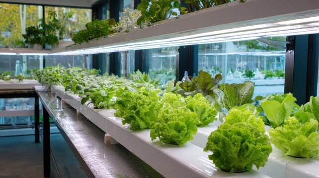 Indoor hydroponic vegetable garden with lush greens and clear nutrient channels