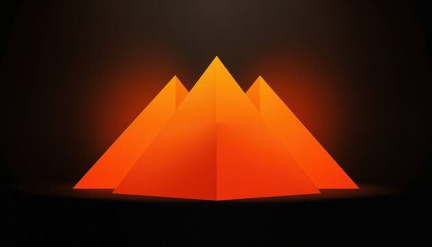Matte orange triangular pyramid, levitating majestically, dramatic lighting, product hero shot.