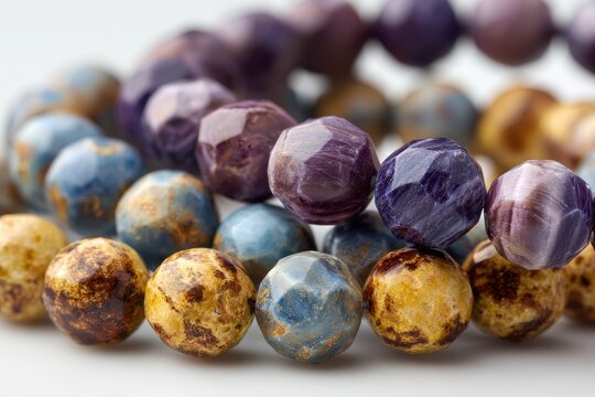Beaded gemstone bracelets display with purple charoite, blue-gold pietersite, and golden cacoxenite on white backdrop