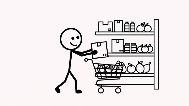 Animated Stickman Pushing Shopping Cart Selecting Groceries From Shelves Simple Cartoon Style Black and White with Clean Background
