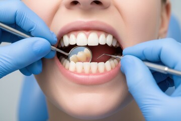 Fototapeta premium A person's open mouth with healthy white teeth during a dental examination, gloved hands holding a mirror and probe.