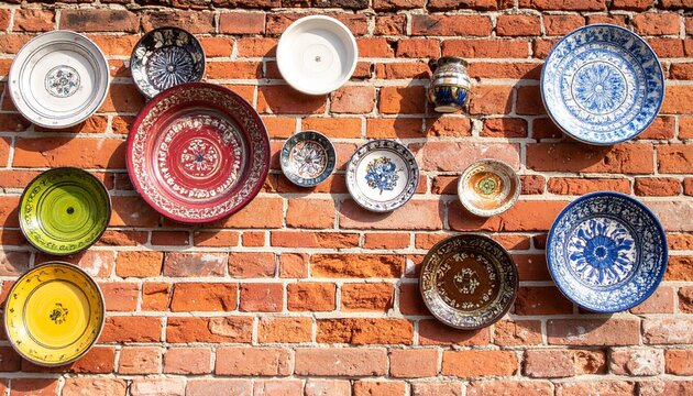 Decorated plates arranged on a brick wall