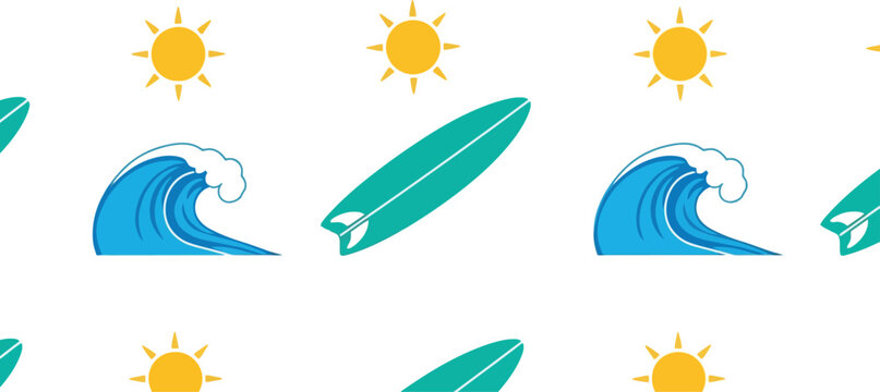 Summer beach surfboard wave sun seamless vector pattern for tropical vacation design