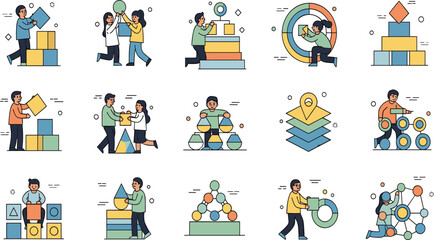 Fototapeta premium People Building Data Charts and Business Growth Concepts with Analytics Strategy and Teamwork in Modern Flat Cartoon Style Illustration Set.