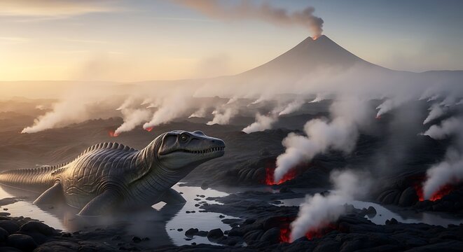 Volcanic landscape with smoke and lava.