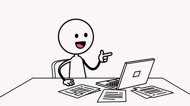 Joyful Stickman Character Studying Exam Material on Laptop at Desk with Papers and Calculators Simple Cartoon Style Black and White Animation Isolated on Light Pink Grid Background