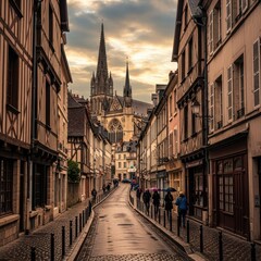 Naklejka premium Picturesque European Street Scene with Historic Architecture.