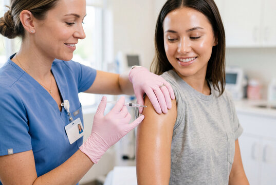 Nurse giving vaccination injection to female patient in clinic