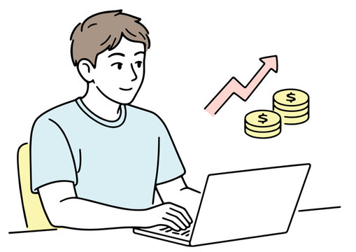 ノートパソコンで仕事をする若い男性のイラスト