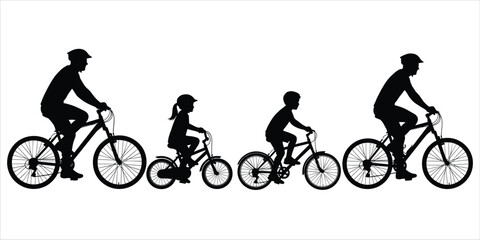 Obraz premium Family cycling silhouettes of adults and children on bicycles on white background Keywords: family, cycling, silhouettes, adults, children
