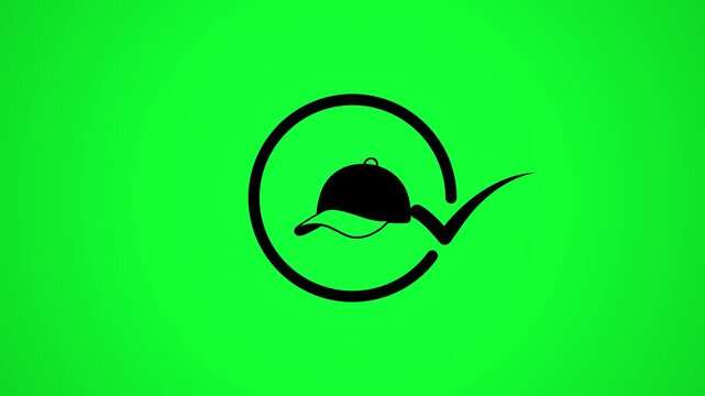 Minimalist black baseball cap animation with check mark logo appearing on green screen background backdrop.