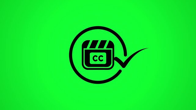 Black closed caption icon with checkmark symbol appearing on green screen background.