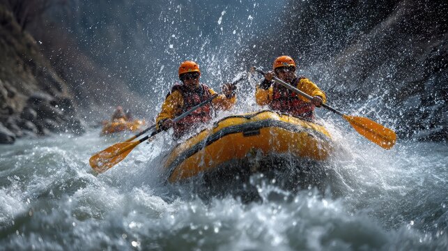 Two rafters vigorously paddle through splashing white water rapids. Perfect for adventure, teamwork, and extreme sports themes.