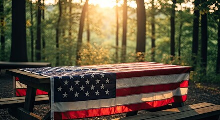 Naklejka premium Honoring heroes a solemn memorial day scene with an american flag draped over a veteran's casket