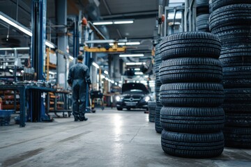 Fototapeta premium Stacks of brand-new tires in a busy auto shop ready for installation