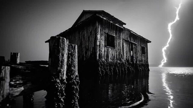Spooky black and white depiction of a weathered wooden shack standing in the water with a thunderstorm backdrop