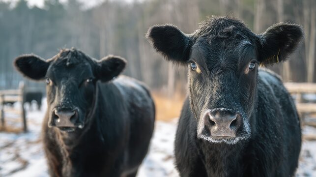 Intimate winter scene: Angus cows in frost-dusted pasture with direct gaze