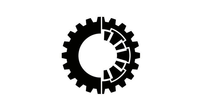 Abstract black gear on white background, half solid, half segmented