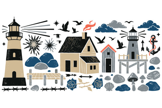 Coastal life collection: set of hand-drawn marine illustrations and nautical elements.