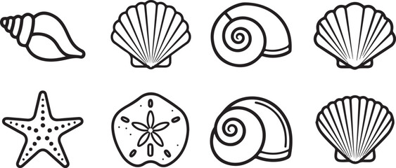 Simple line drawings of various birds, crab, and flowers in black and white Vector © Nur