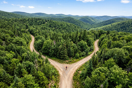 Aerial view of a lone figure at a dirt road fork surrounded by forest