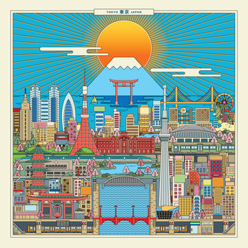 A vibrant vector illustration of Tokyo, Japan featuring iconic landmarks in a modern flat design style. The composition showcases Mount Fuji with a rising sun backdrop, Tokyo Tower, Skytree, tradition