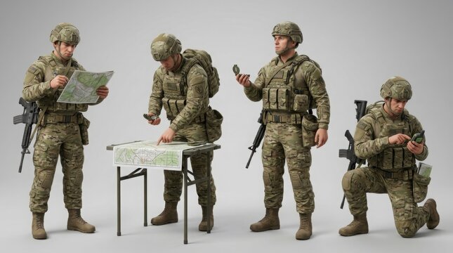 Army soldiers in tactical gear planning navigation with map and compass