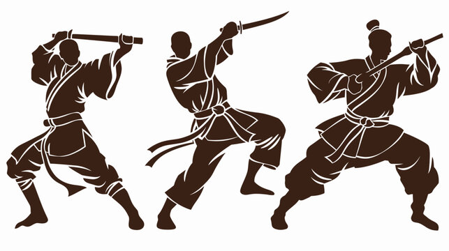 Three brown silhouettes of martial artists wielding weapons in various action poses