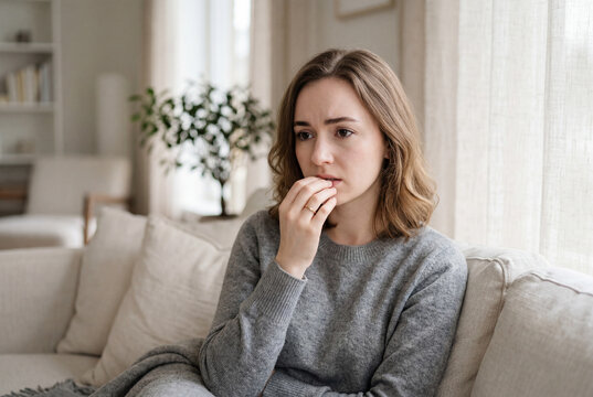 Caucasian woman biting nails on sofa showing anxiety or worry