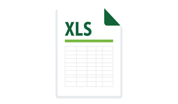 This image depicts a flat design icon of a microsoft excel spreadsheet file showcasing the xls extension and grid high quality professional detailed modern