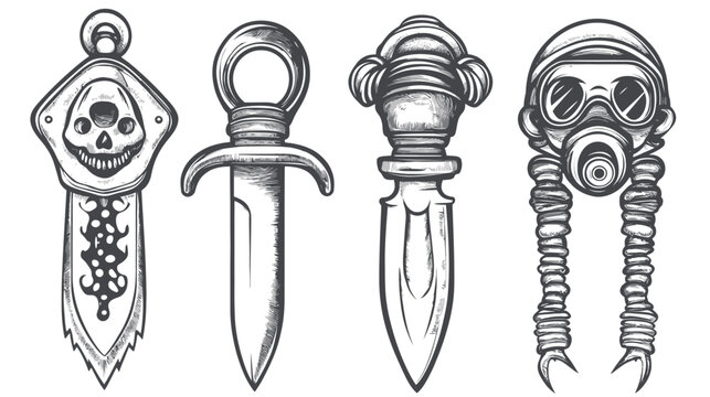 Four stylized illustrations of weapons and a gas mask in monochrome