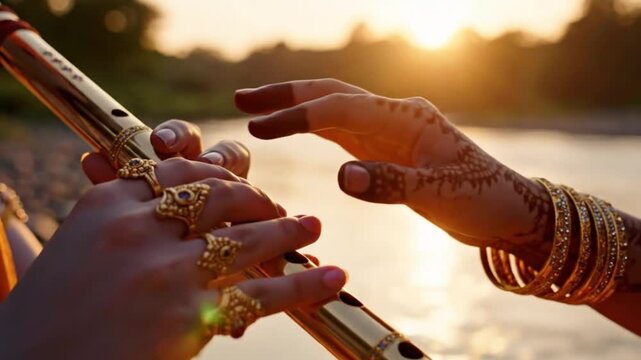 Radha krishna hands playing golden flute at sunset near river