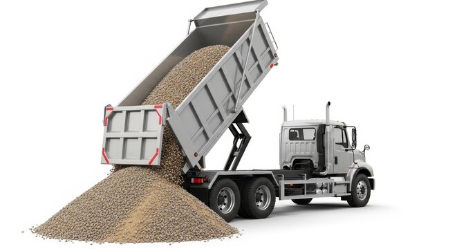 Industrial white dump truck unloading gravel, heavy construction tipper vehicle discharging sand, commercial dumper truck on white background